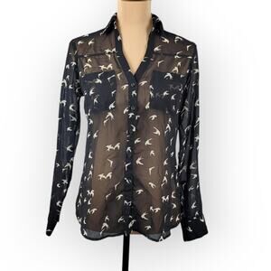Express Portofino Shirt Novelty Bird Print Button Up X Small Whimsical Feminine